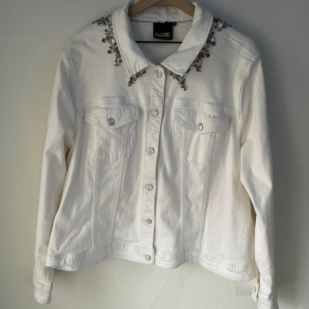 Nanette Lepore White denim jacket with Rhinestone collar Size XXL